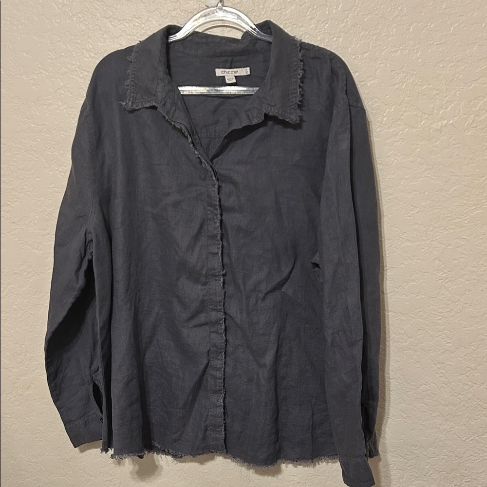 🐣Chico's Classic linen fringe gray Button Down Shirt size 4/us 20 GUC - Picture 5 of 10